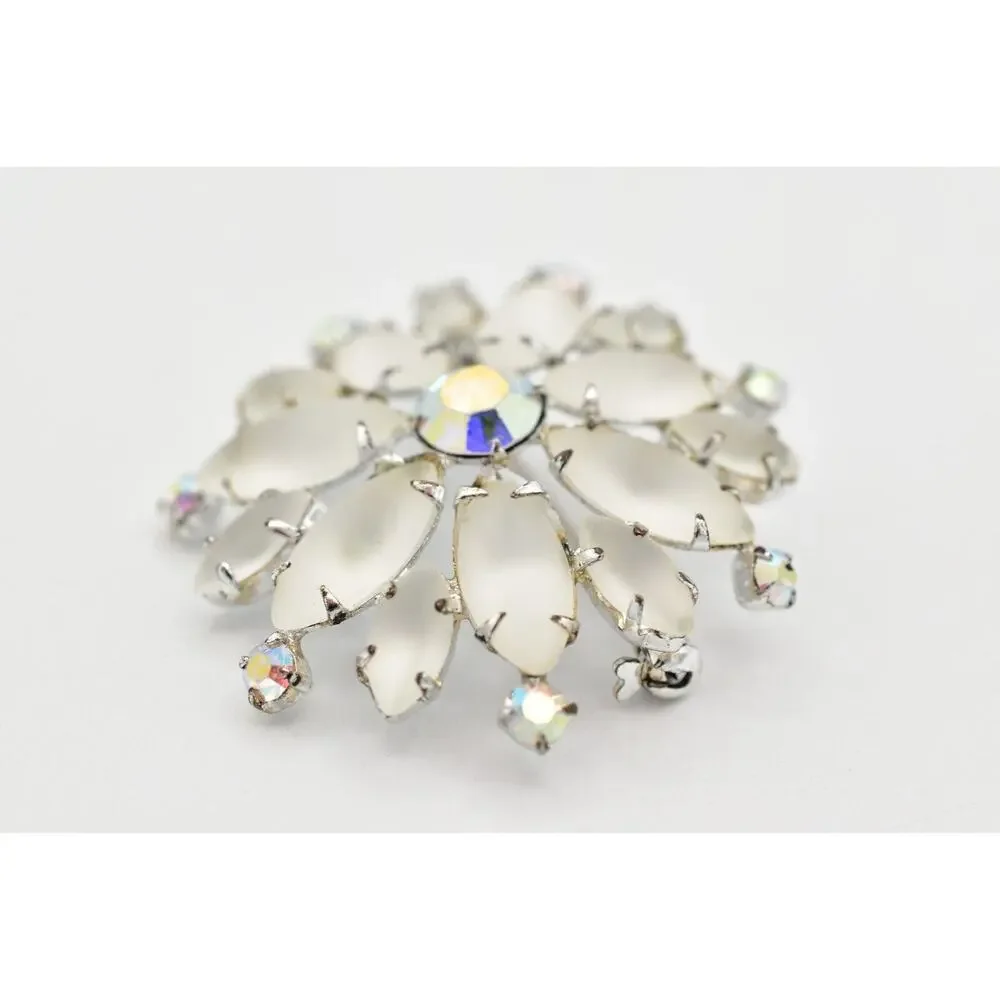 Vintage Crystal Flower Pin Brooch Frosted AB Rhinestone Prong Silver 1990s BinBG